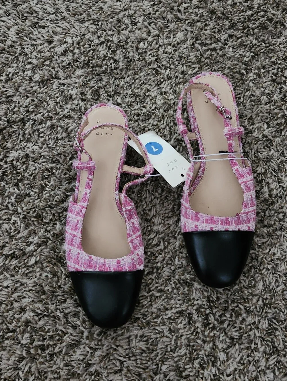 a new day Pink Tweed Slingback Flats with Black Cap Toe